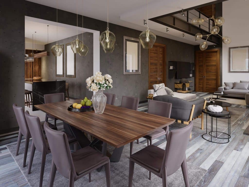 Visualiserung von Wohnzimmer und Esszimmer