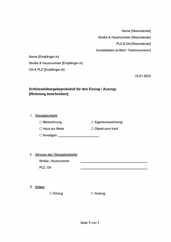 Muster eines Schlüsselübergabeprotkolls für Mietwohnungen