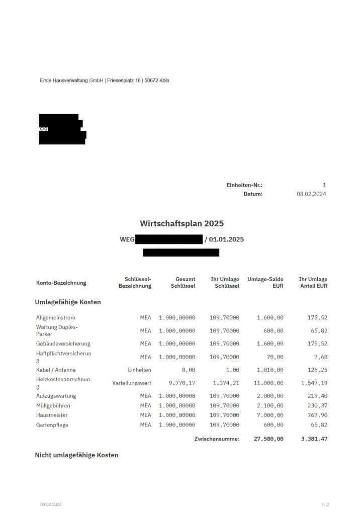 Muster der Einzelabrechnung als Teil der WEG-Jahresabrechnung