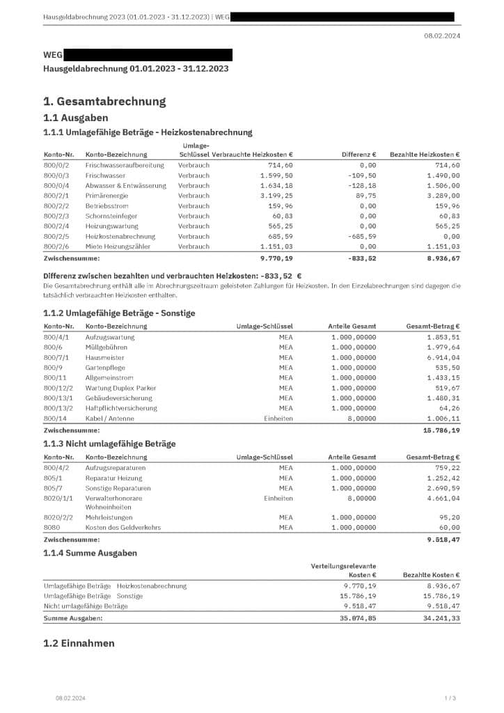 Muster der Gesamtabrechnung als Teil der WEG-Jahresabrechnung