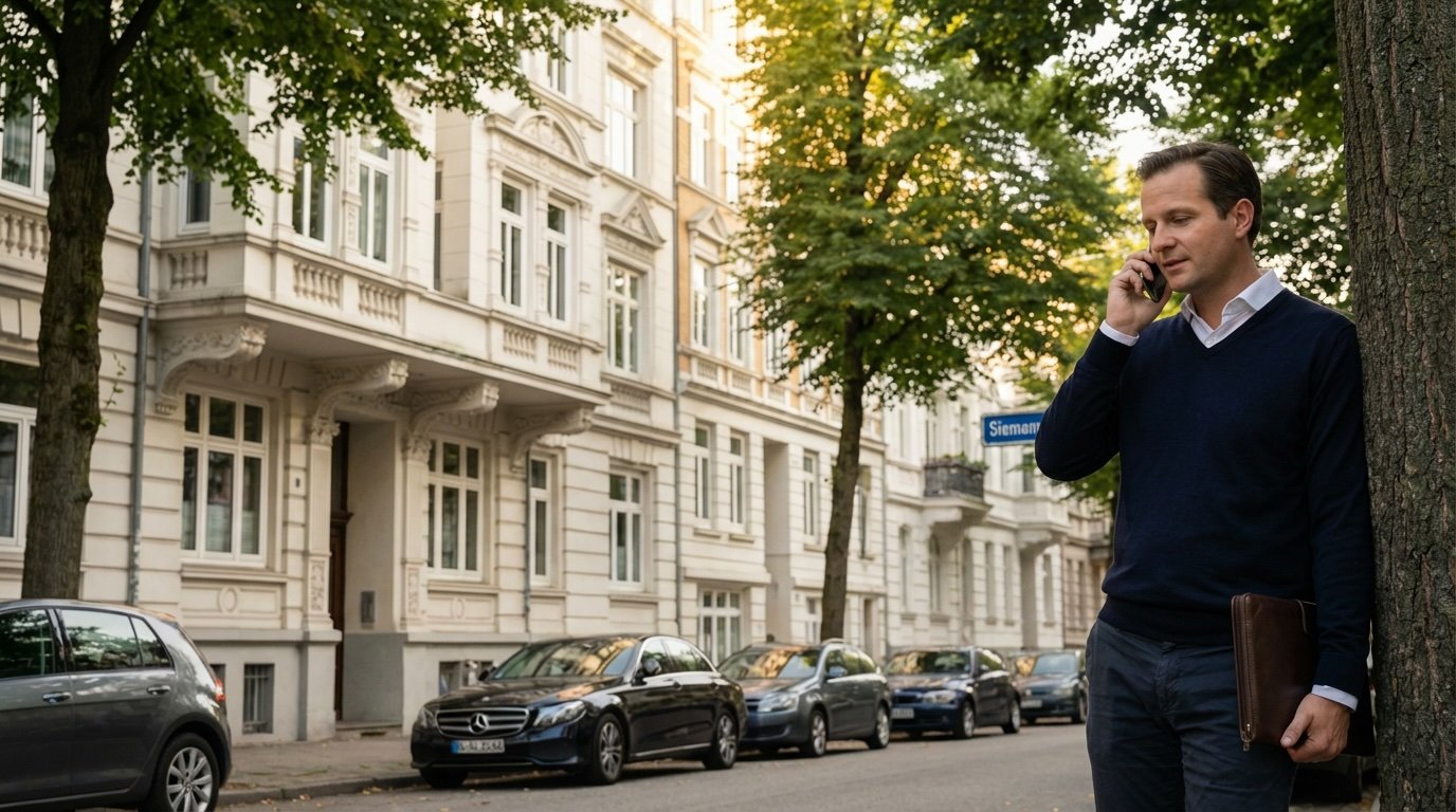Ansprechpartner der Ersten Hausverwaltung am Telefon vor Wohngebäuden