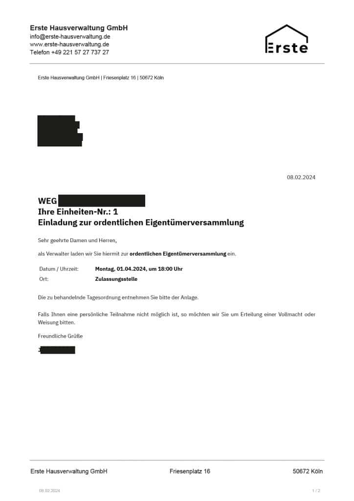 Mustereinladung zur Eigentümerversammlung ETV - Einladung Eigentümerversammlung